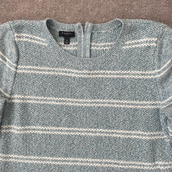 Talbots Sweater Womens Small Light Teal Blue Striped Knit Top Pullover Zip Back - Picture 2 of 7